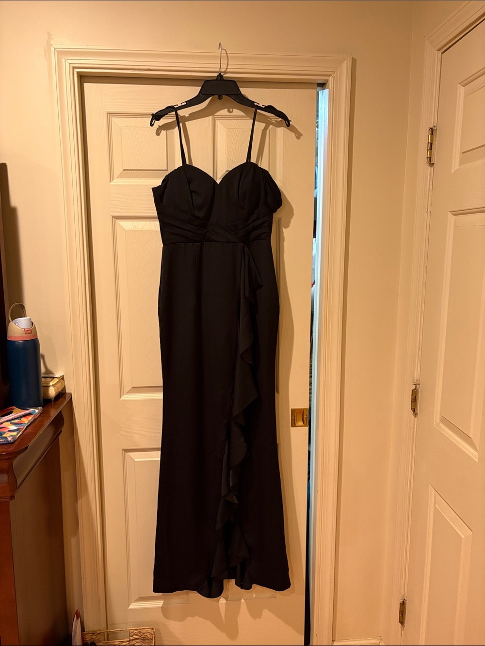 Strapless Black Ruffle-Front Evening Gown